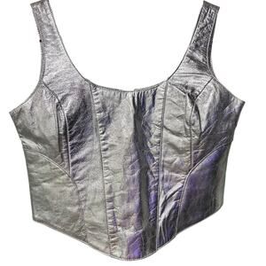 Understated Leather Metallic Silver Mustang Corset Bustier Cropped Zipper Large